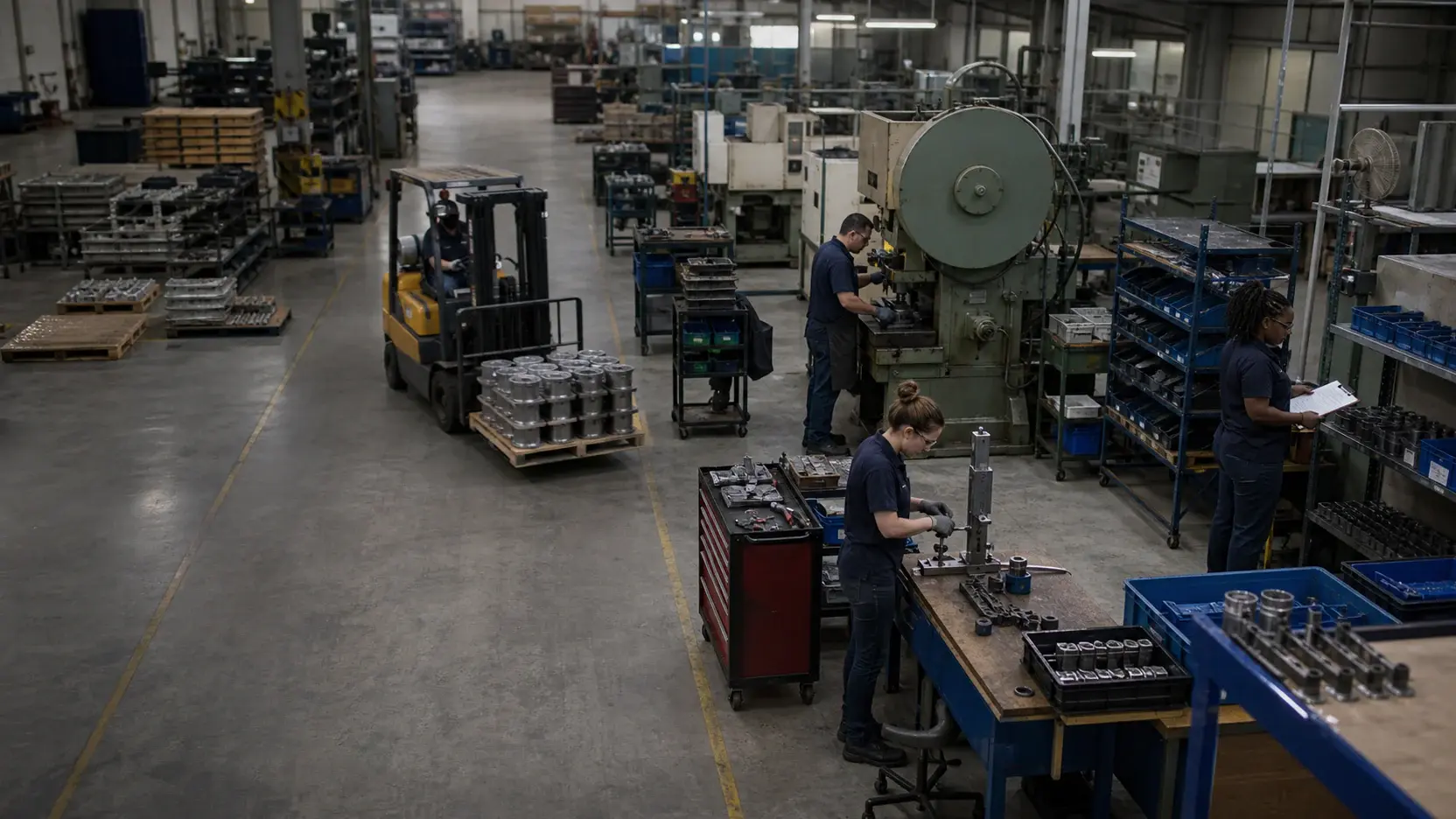 A small manufacturing floor during a regular workday.