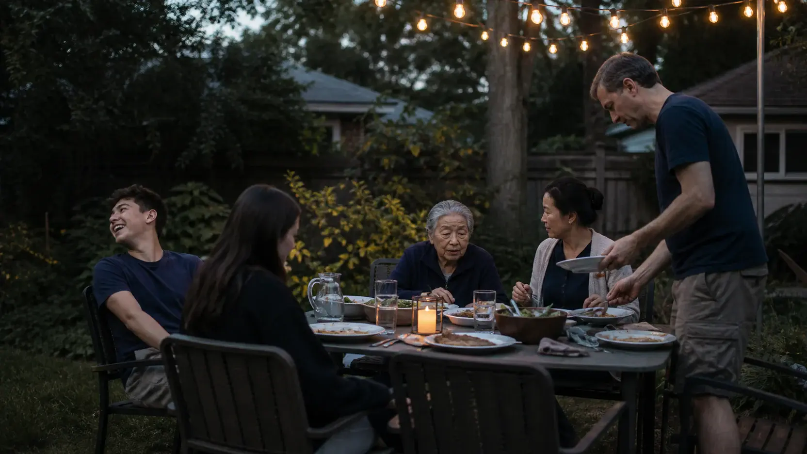 Three generations gathered around a backyard table after dinner.