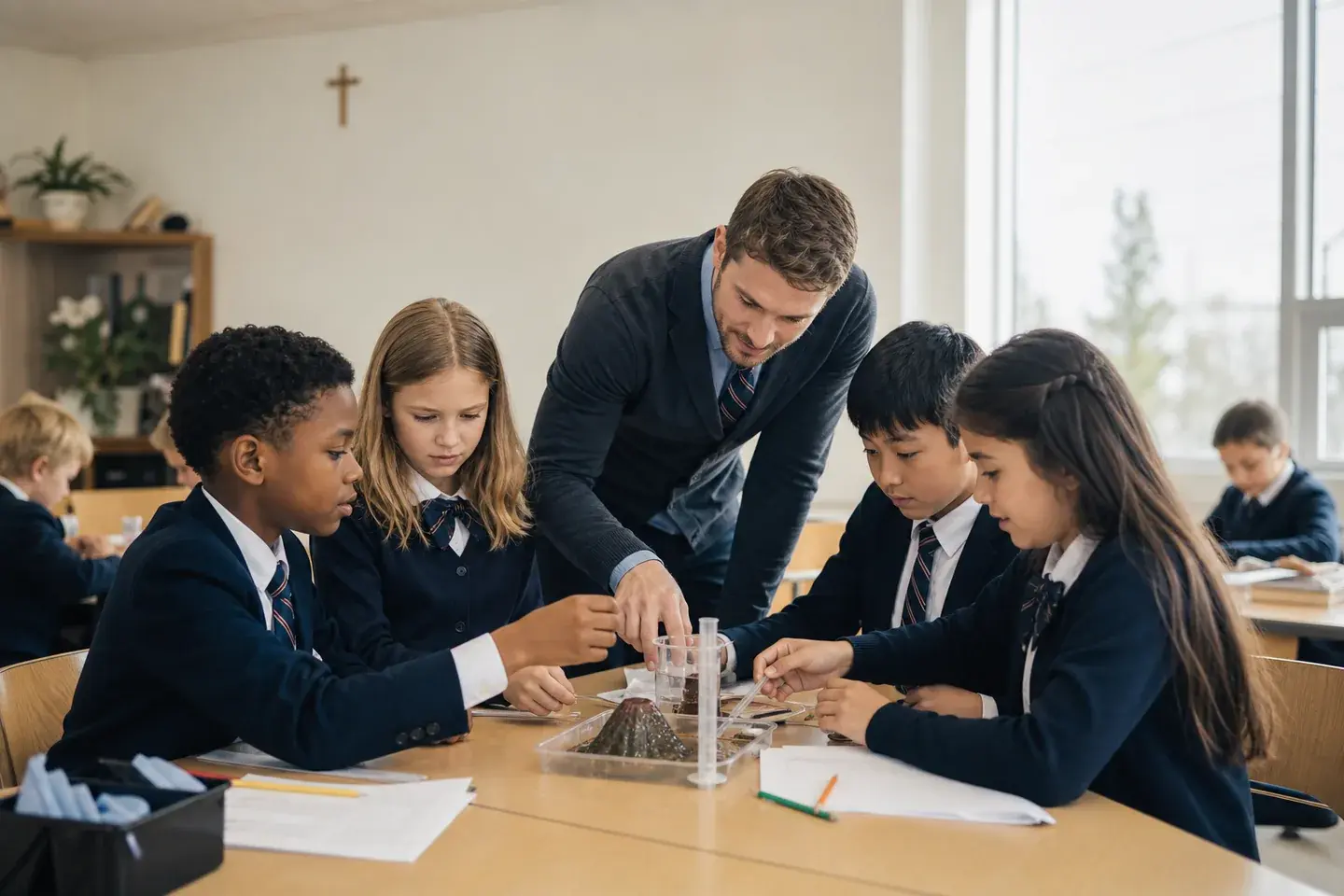 A teacher guiding students through a science activity in a faith-based school classroom.