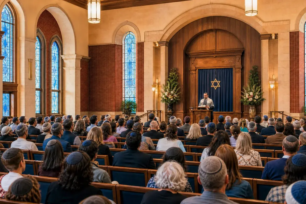 A congregation gathered inside a synagogue.