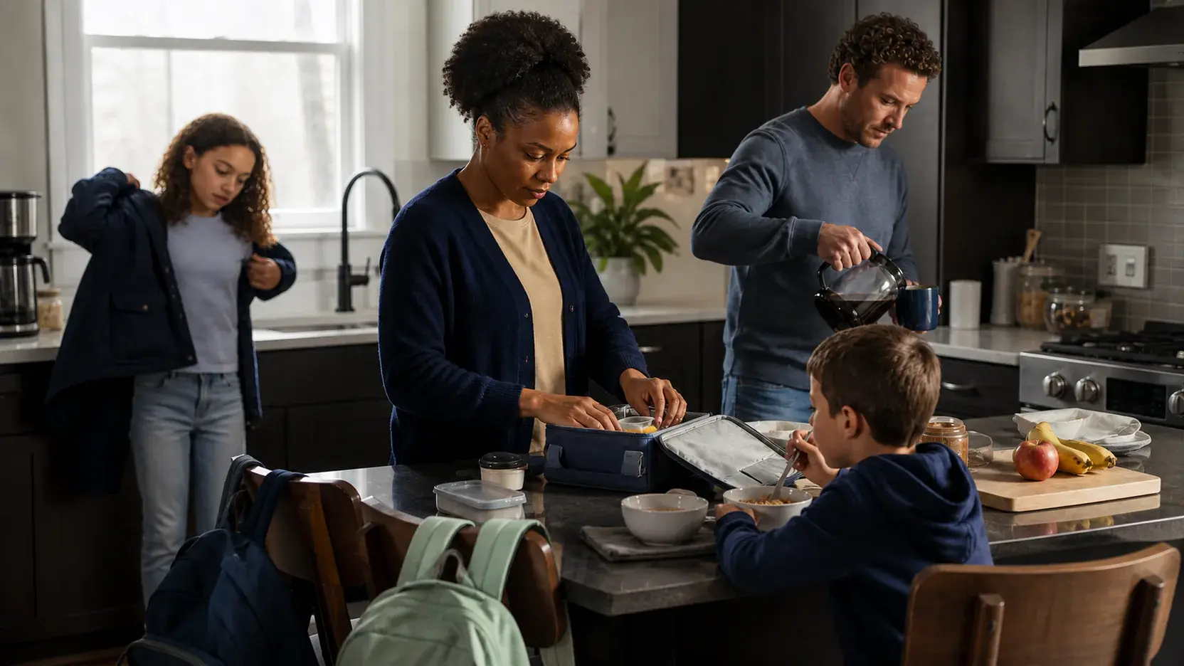 A family preparing breakfast and school lunches together in their kitchen.