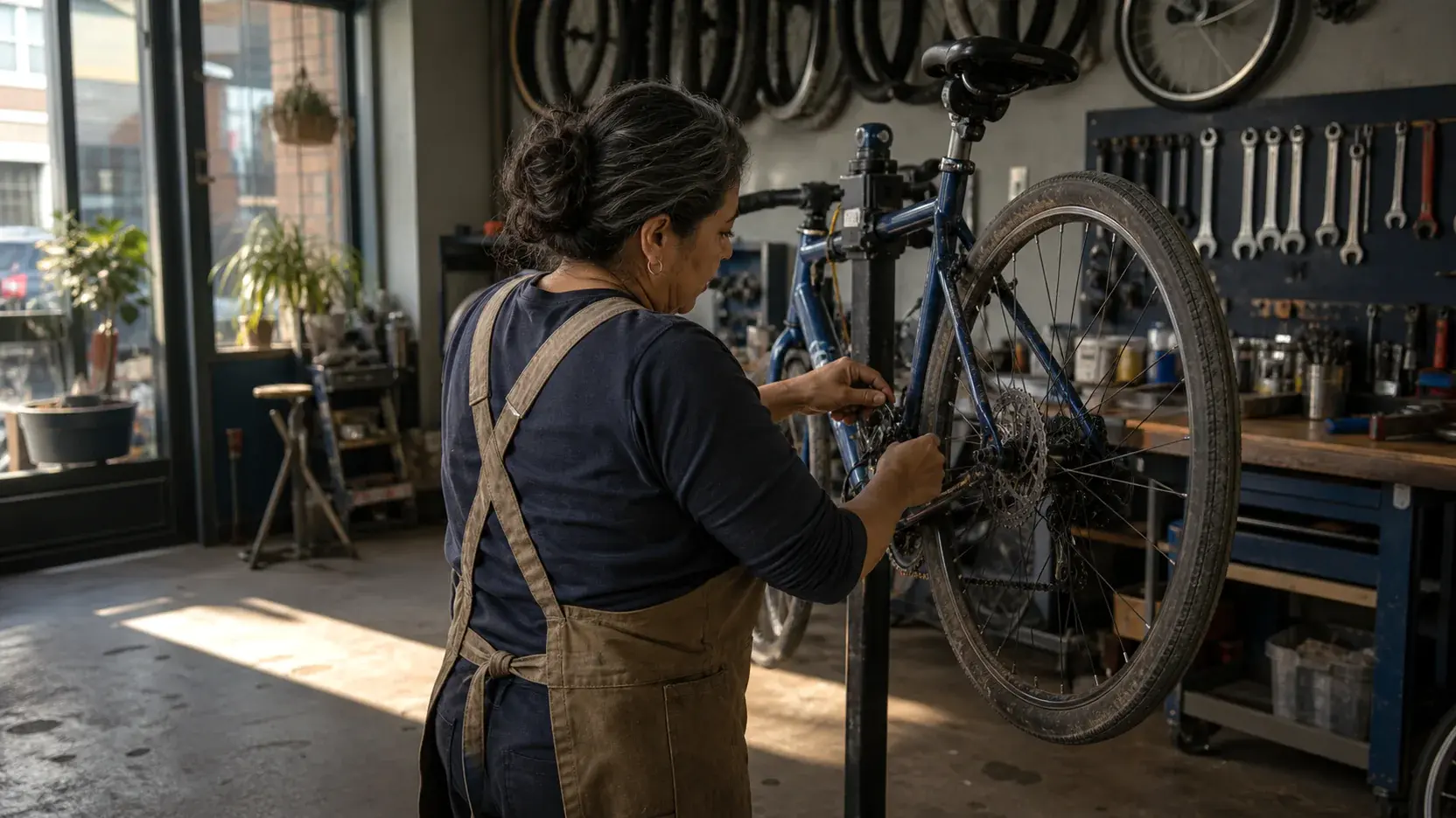 A bicycle shop owner working on a customer’s bike.